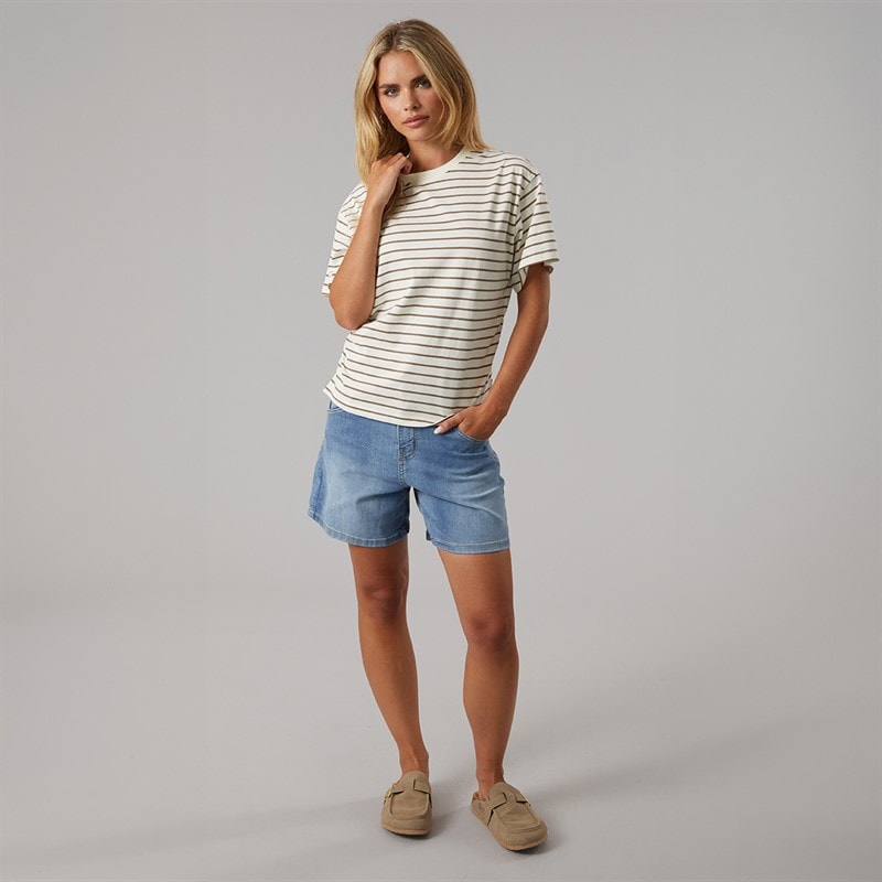Brave Soul Womens Elound Crew Neck Ruched Stripe T-Shirt Cream/Truffle - Image 3