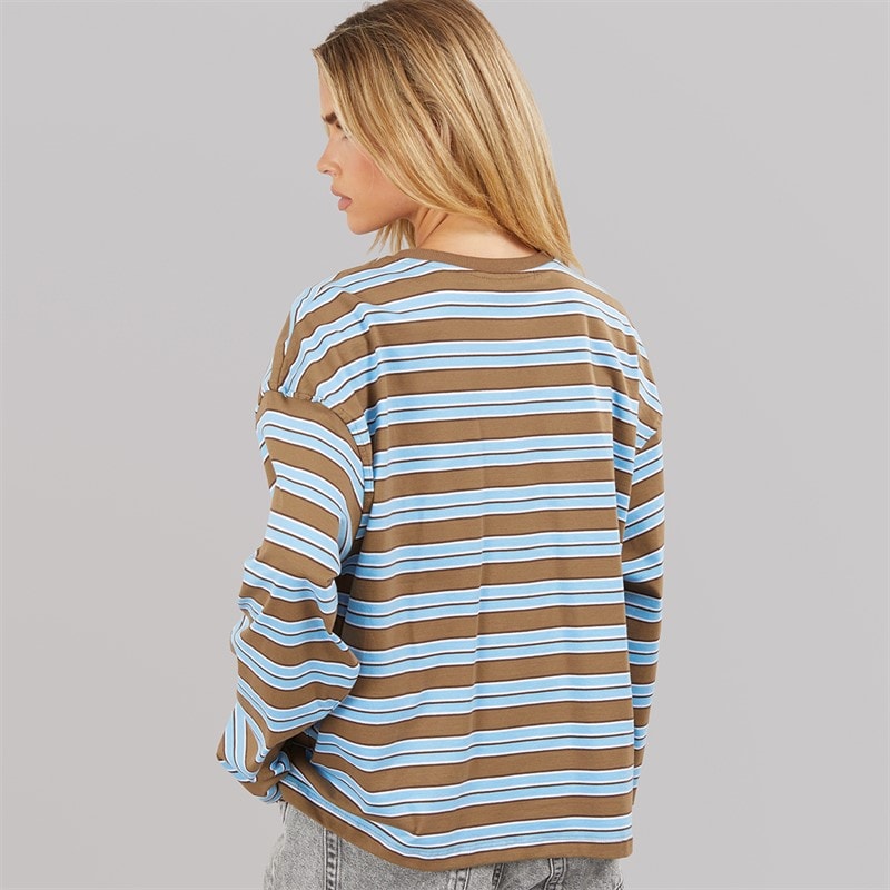 Brave Soul Womens Joey Crew Neck Long Sleeve Stripe Top Brown/Blue/White - Image 2