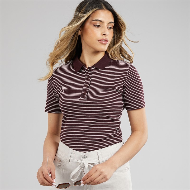 Brave Soul Womens Birkin Textured Jersey Stripe Short Sleeve Polo Top Burgundy/Cream