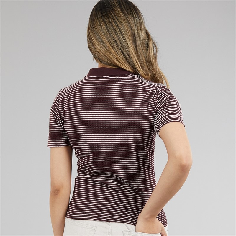 Brave Soul Womens Birkin Textured Jersey Stripe Short Sleeve Polo Top Burgundy/Cream - Image 2