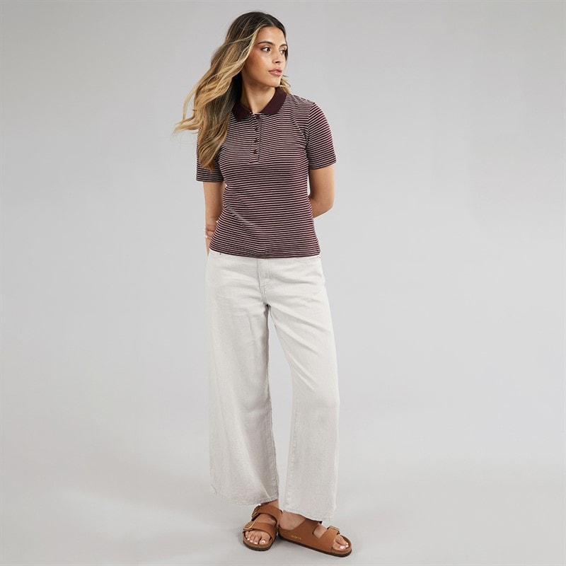 Brave Soul Womens Birkin Textured Jersey Stripe Short Sleeve Polo Top Burgundy/Cream - Image 3