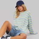 Brave Soul Womens Joey Crew Neck Long Sleeve Stripe Top Pale Yellow/Blue/Grey Marl/Brown