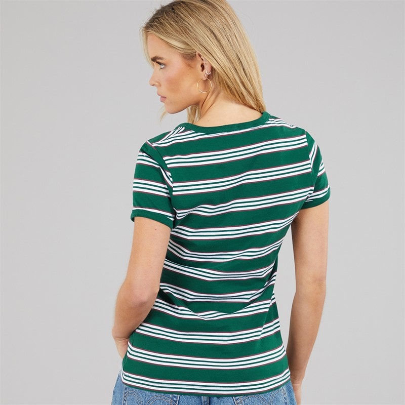 Brave Soul Womens Nino Crew Neck Fitted Stripe T-Shirt Green/White - Image 2
