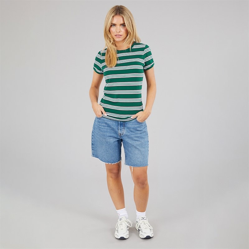 Brave Soul Womens Nino Crew Neck Fitted Stripe T-Shirt Green/White - Image 3