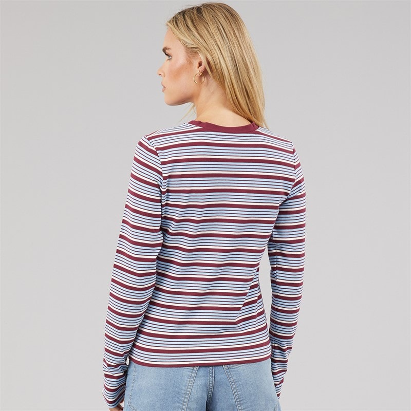 Brave Soul Womens Molly Crew Neck Long Sleeve Stripe Top Burgundy/Blue - Image 2
