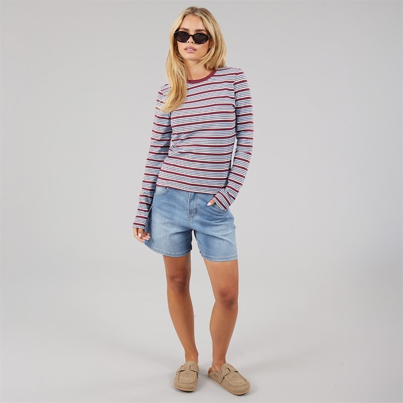 Brave Soul Womens Molly Crew Neck Long Sleeve Stripe Top Burgundy/Blue - Image 4