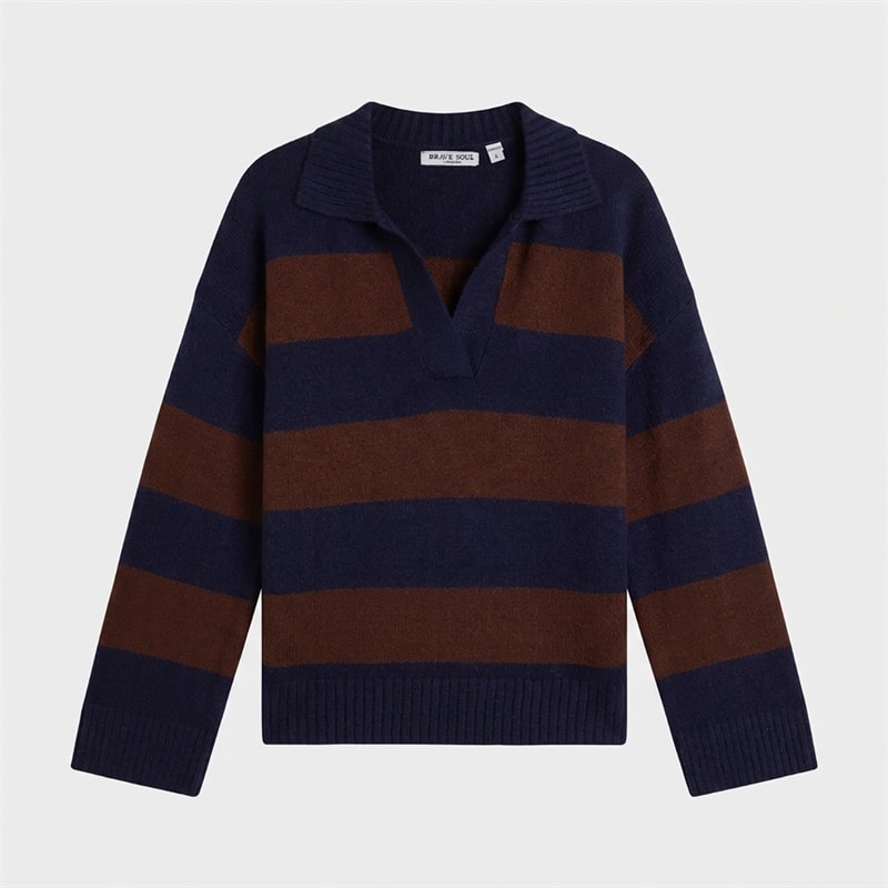 Brave Soul Womens Ditto Trophy Neck Jumper Navy/Brown Stripe