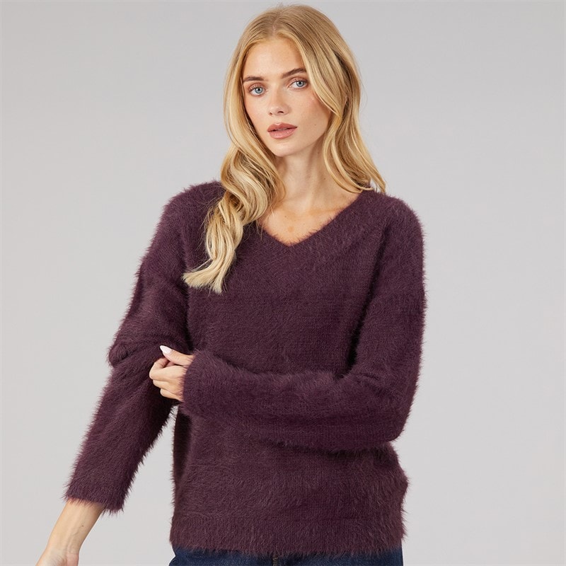 Brave Soul Womens Brent Fluffy V-Neck Jumper Plum - Image 3