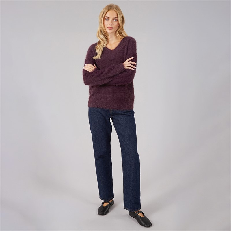 Brave Soul Womens Brent Fluffy V-Neck Jumper Plum - Image 4