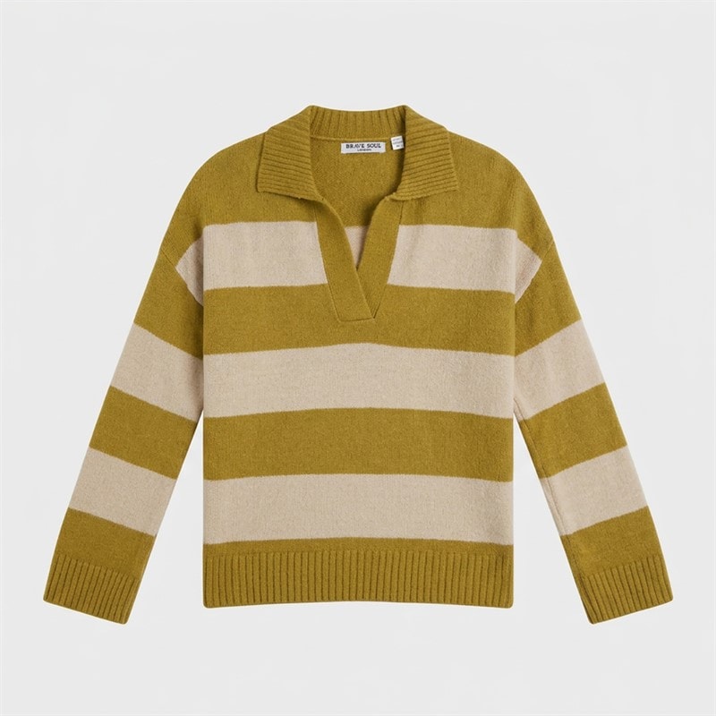 Brave Soul Womens Ditto Trophy Neck Jumper Olive Green/Oatmeal Stripe