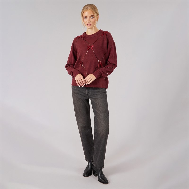 Brave Soul Womens Sequin Crew Neck Jumper Cherry - Image 3