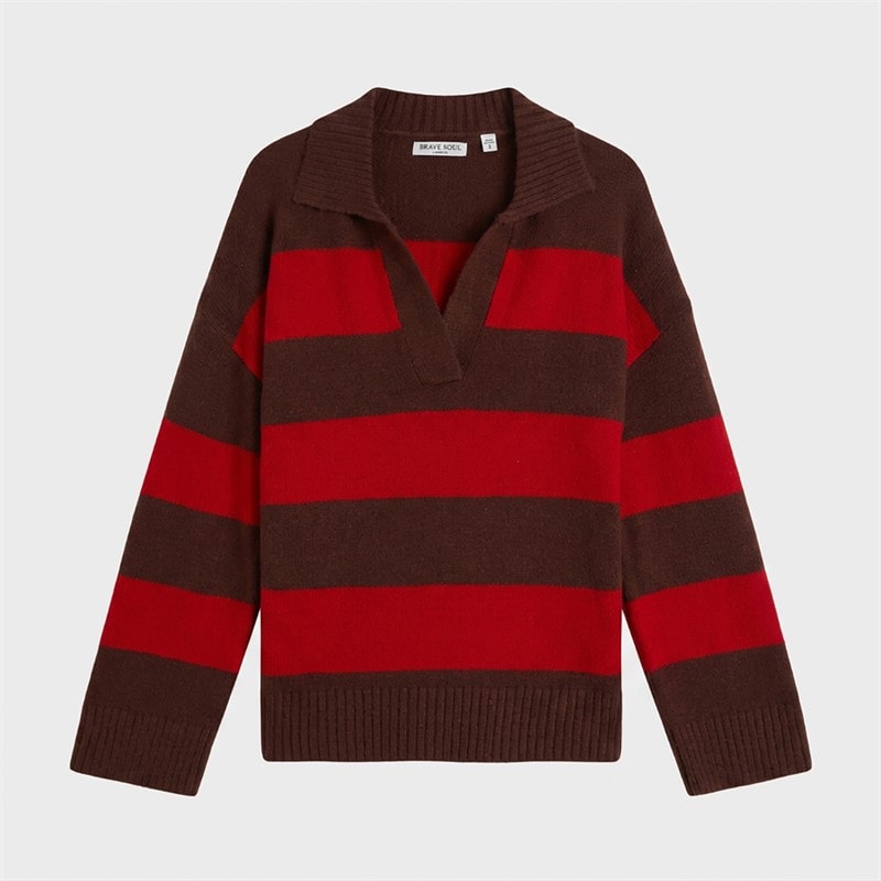 Brave Soul Womens Ditto Trophy Neck Jumper Brown/Red Stripe