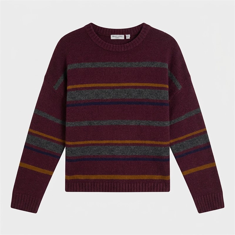 Brave Soul Womens Sian Crew Neck Jumper Cherry/Multi Stripe