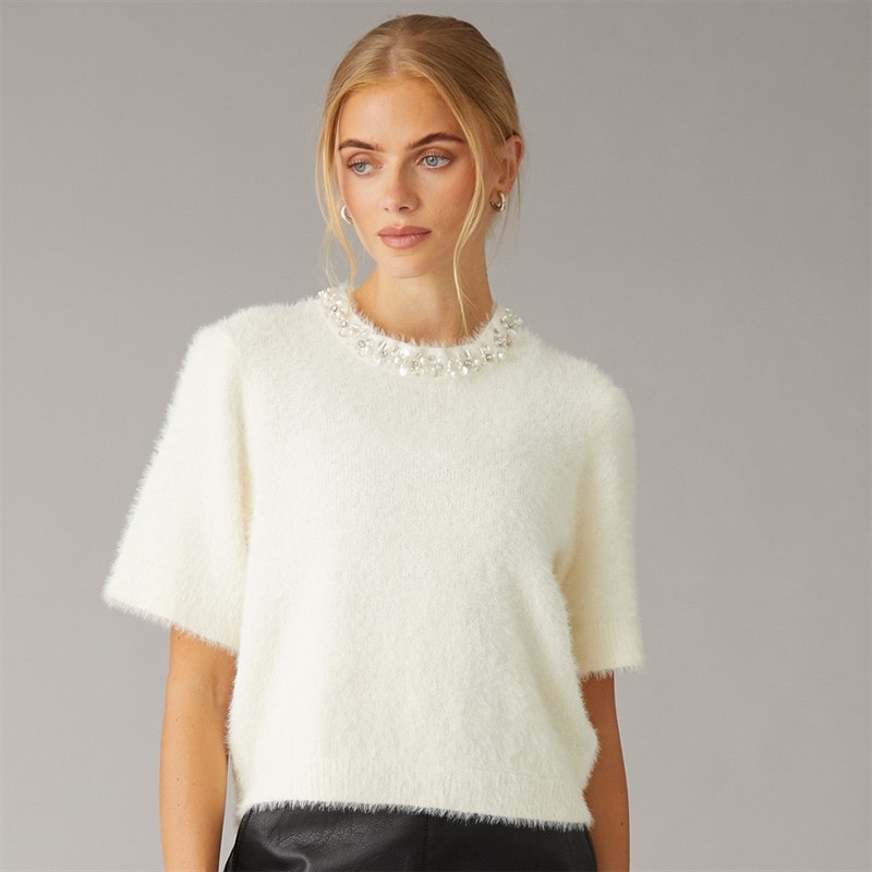 Brave Soul Womens Crystal Fluffy Knit T-Shirt Ivory