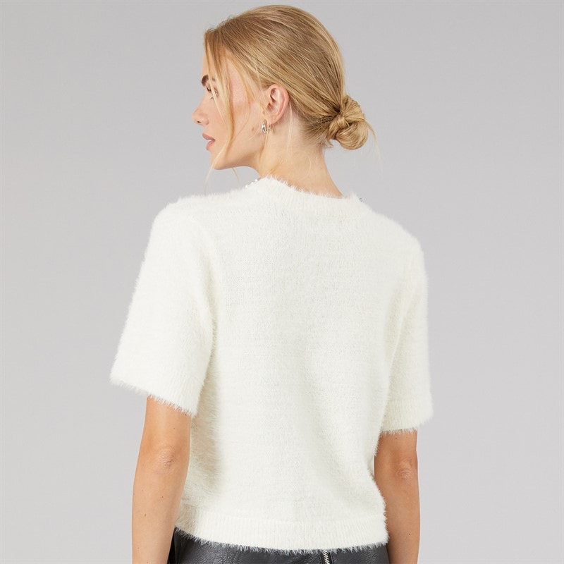 Brave Soul Womens Crystal Fluffy Knit T-Shirt Ivory - Image 2