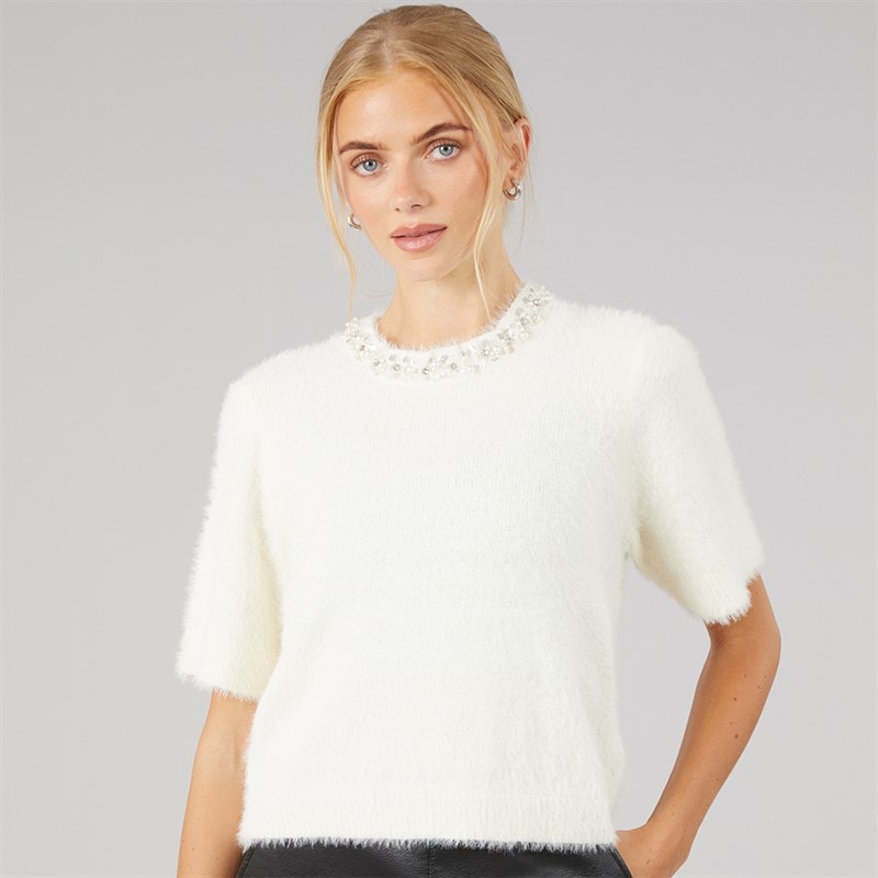Brave Soul Womens Crystal Fluffy Knit T-Shirt Ivory - Image 3