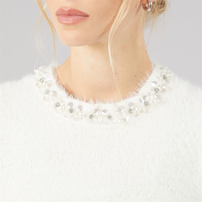 Brave Soul Womens Crystal Fluffy Knit T-Shirt Ivory - Image 5