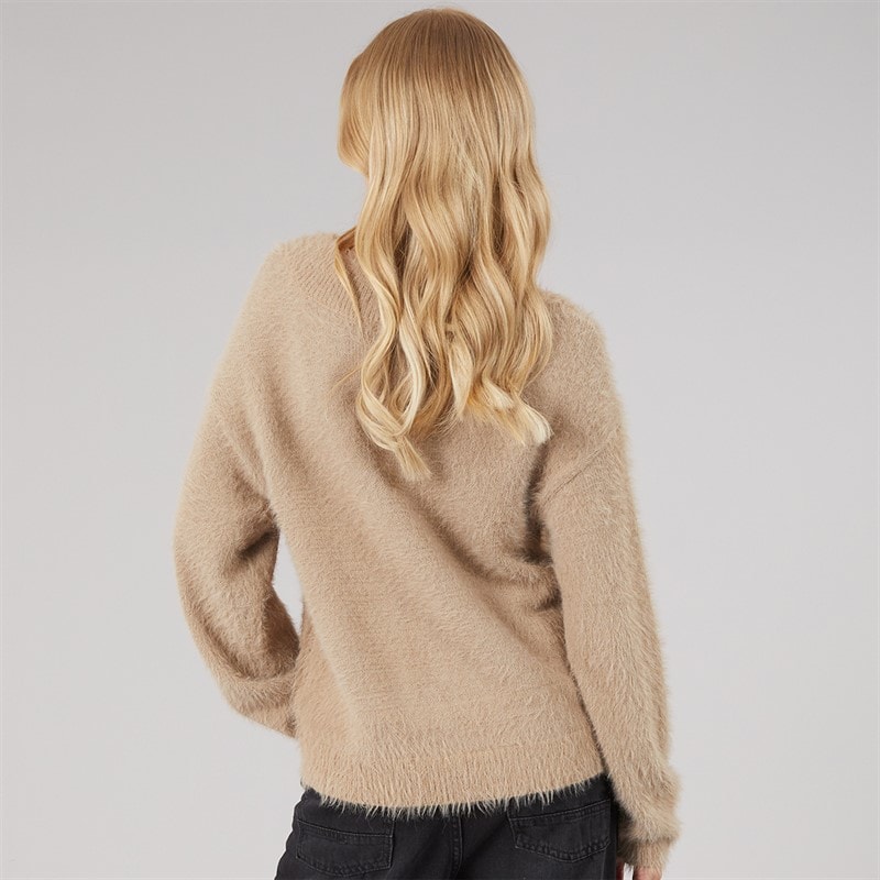 Brave Soul Womens Brent Fluffy V-Neck Jumper Mink - Image 2