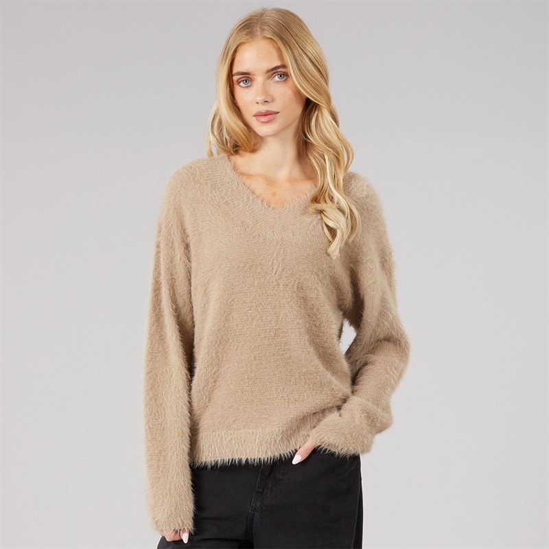 Brave Soul Womens Brent Fluffy V-Neck Jumper Mink - Image 3