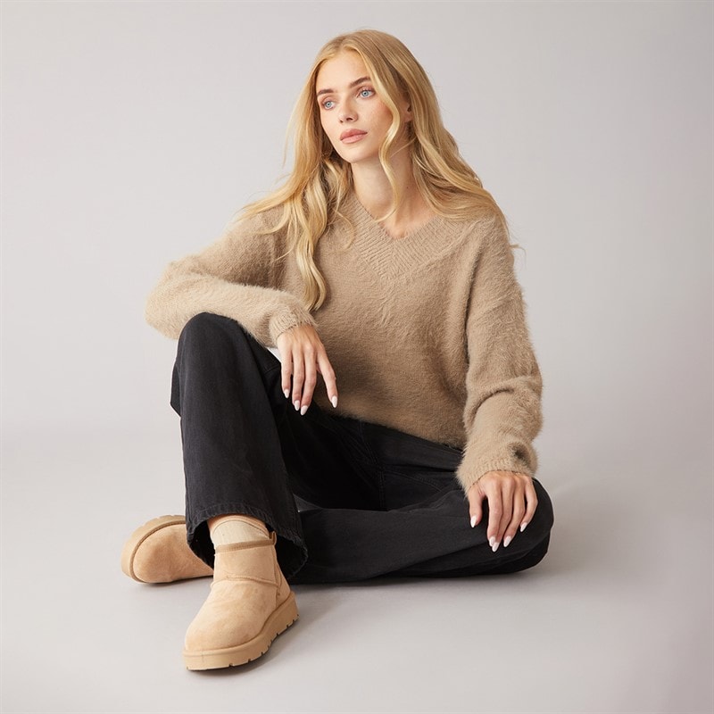 Brave Soul Womens Brent Fluffy V-Neck Jumper Mink - Image 4