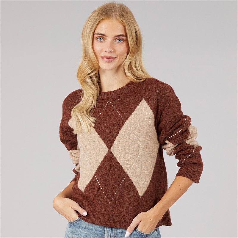 Brave Soul Womens Heritage Crew Neck Knitted Jumper Brown/Multi - Image 3