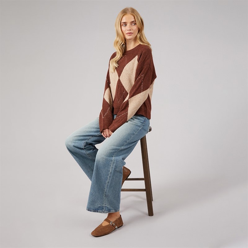 Brave Soul Womens Heritage Crew Neck Knitted Jumper Brown/Multi - Image 4
