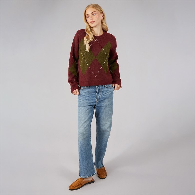 Brave Soul Womens Heritage Crew Neck Knitted Jumper Wine/Multi - Image 3