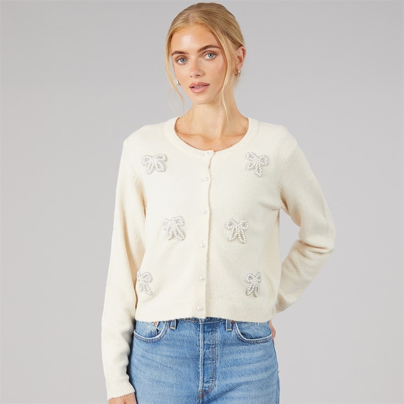 Brave Soul Womens Pearl Bow Cardigan Ivory