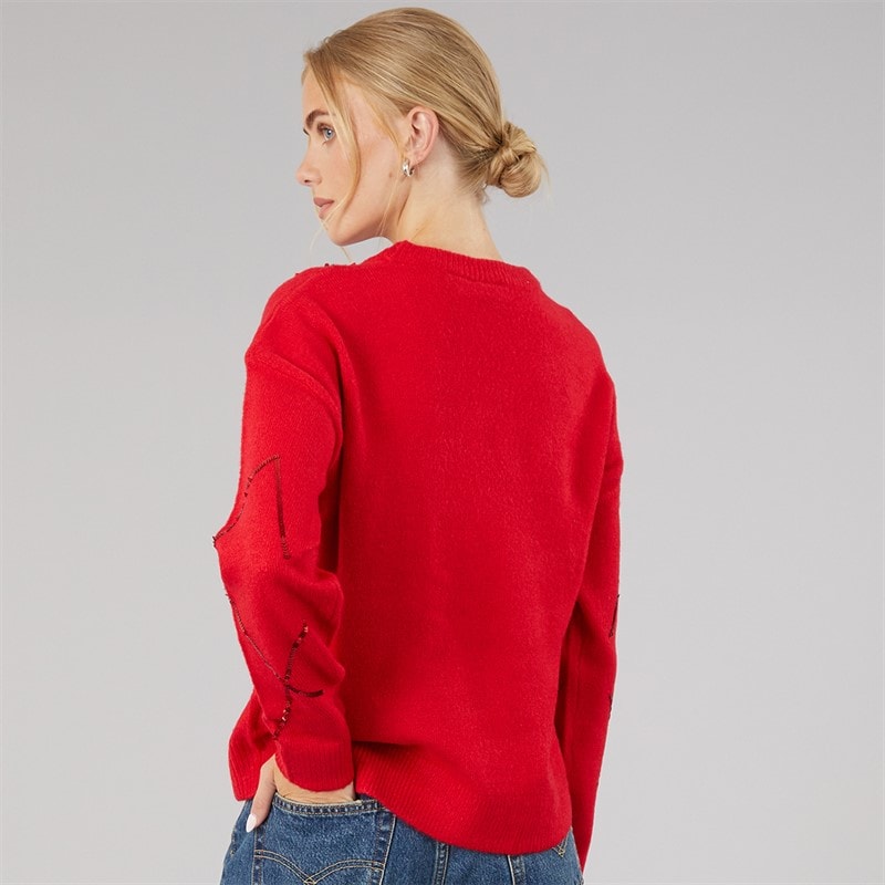 Brave Soul Womens Sequin Crew Neck Jumper Red - Image 2