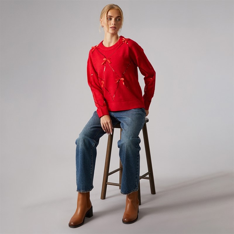 Brave Soul Womens Sequin Crew Neck Jumper Red - Image 3