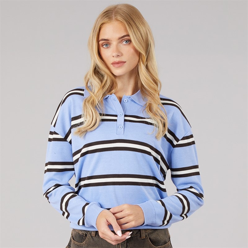 Brave Soul Womens Jerico Knitted Polo Shirt Light. Blue/Brown/Ivory - Image 3