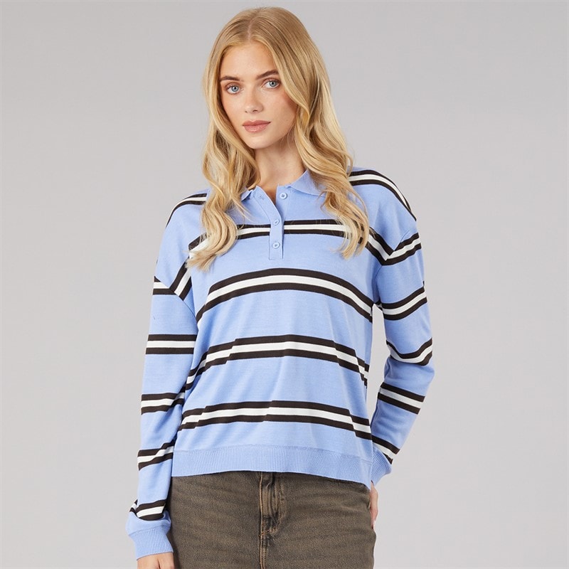 Brave Soul Womens Jerico Knitted Polo Shirt Light. Blue/Brown/Ivory - Image 5