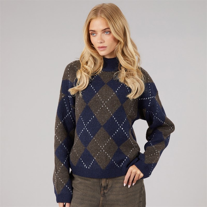 Brave Soul Womens Oxford Argyle Jumper Navy/Brown - Image 3