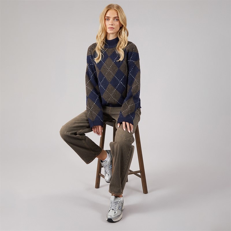 Brave Soul Womens Oxford Argyle Jumper Navy/Brown - Image 4