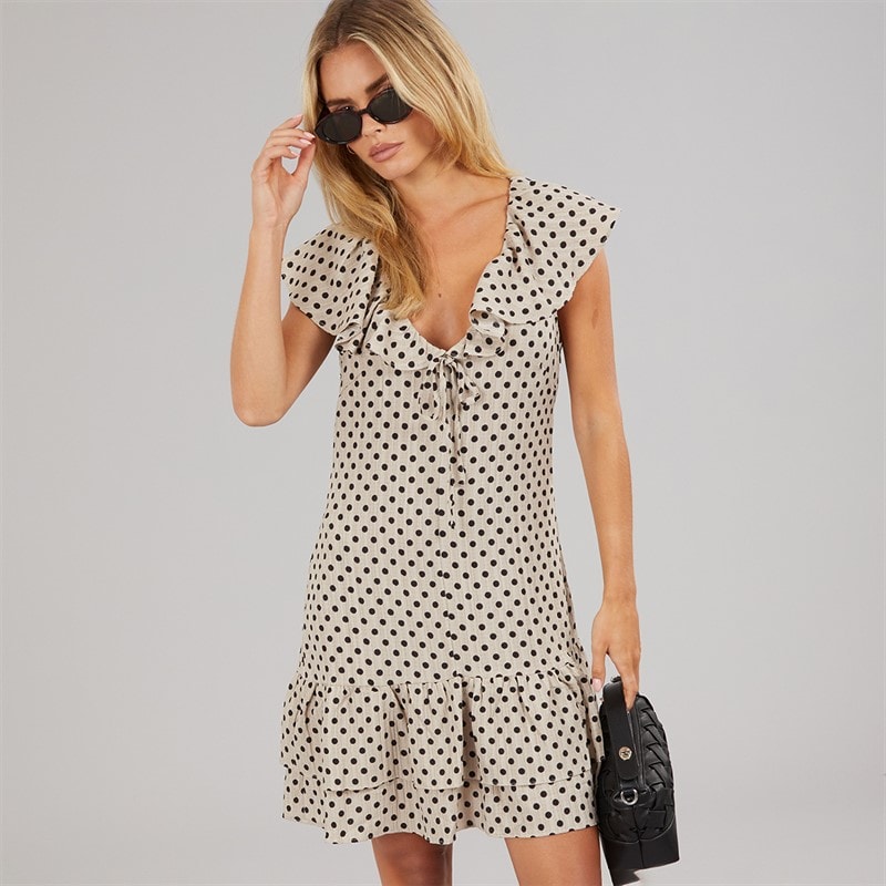 Brave Soul Womens Virgi Frill Mini Dress Beige/Black - Image 3