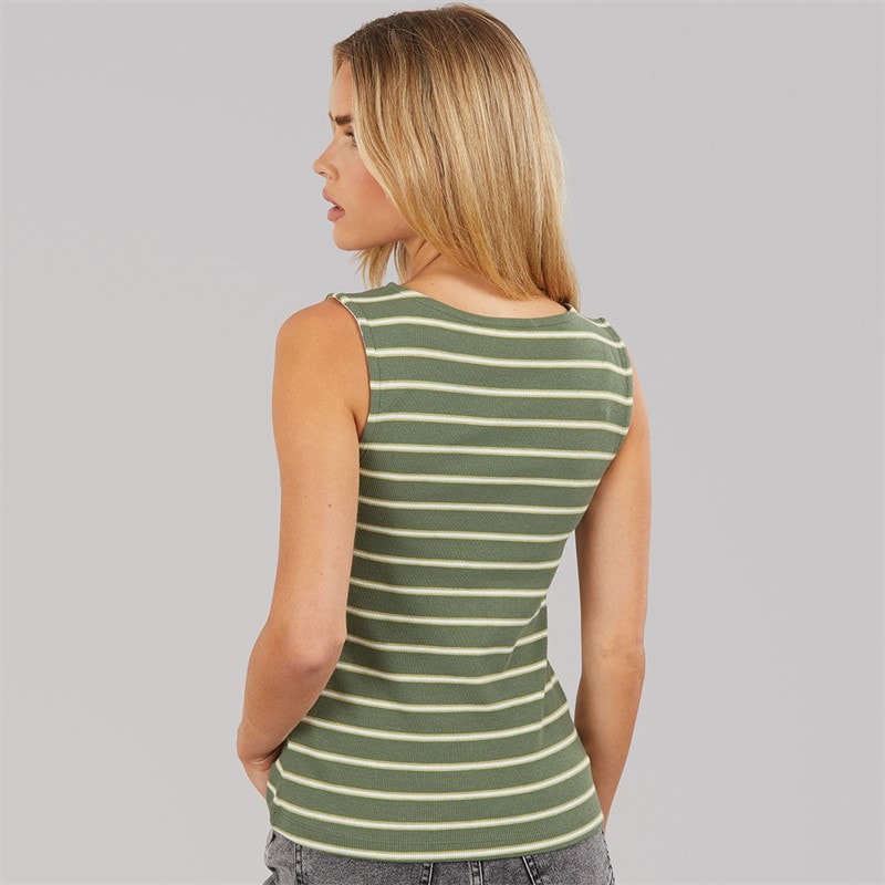 Brave Soul Womens Boat Neck Stripe Vest Dark Green/Lime - Image 2