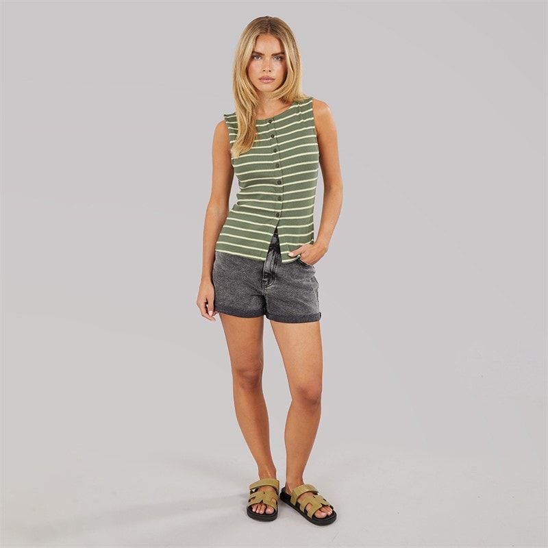 Brave Soul Womens Boat Neck Stripe Vest Dark Green/Lime - Image 3