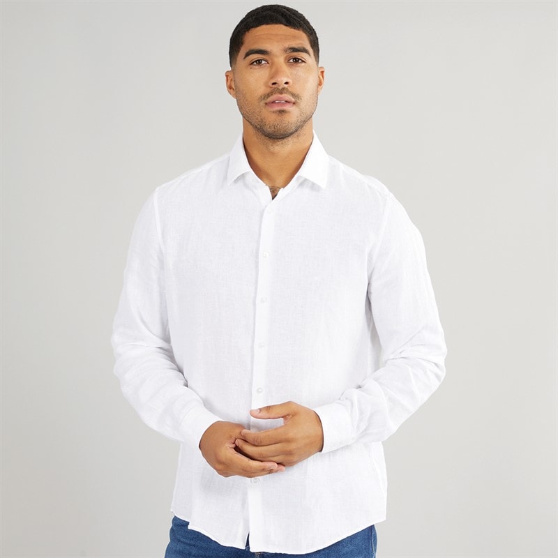 Calvin Klein Mens Linen Slim Fit Long Sleeve Shirt White - Image 1