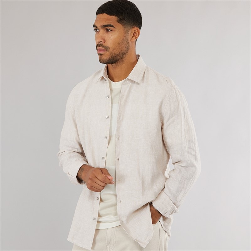 Calvin Klein Mens Linen Slim Fit Long Sleeve Shirt Stony Beige - Image 1
