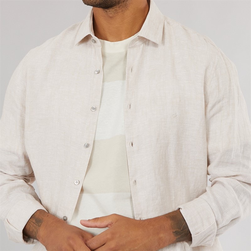 Calvin Klein Mens Linen Slim Fit Long Sleeve Shirt Stony Beige - Image 3