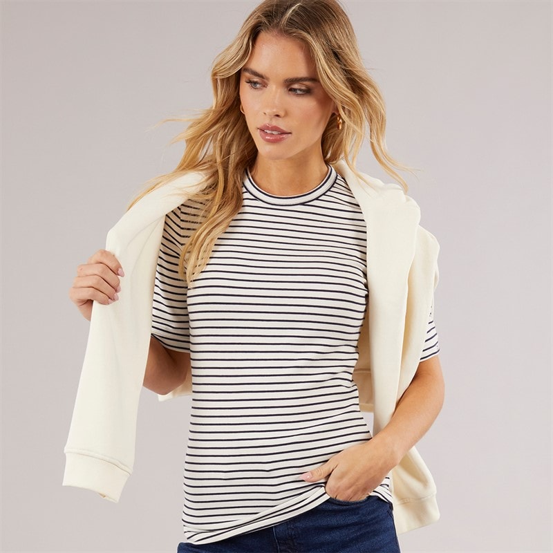 Calvin Klein Womens Stripe Cotton T-Shirt Baritone Blue Stripe