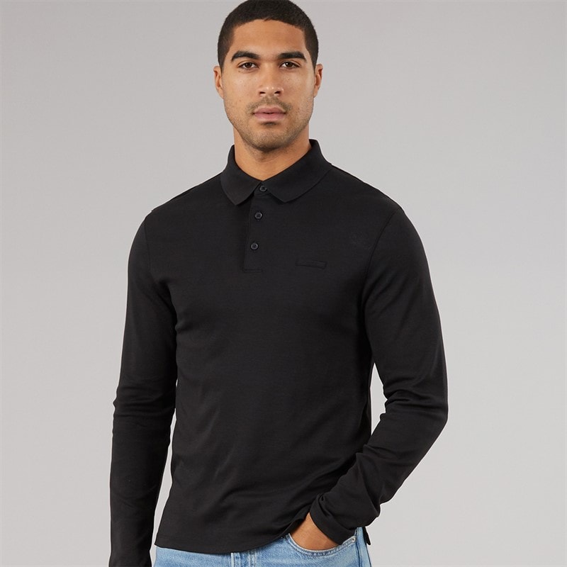 Calvin Klein Mens Long Sleeve Supima Logo Polo Shirt Black