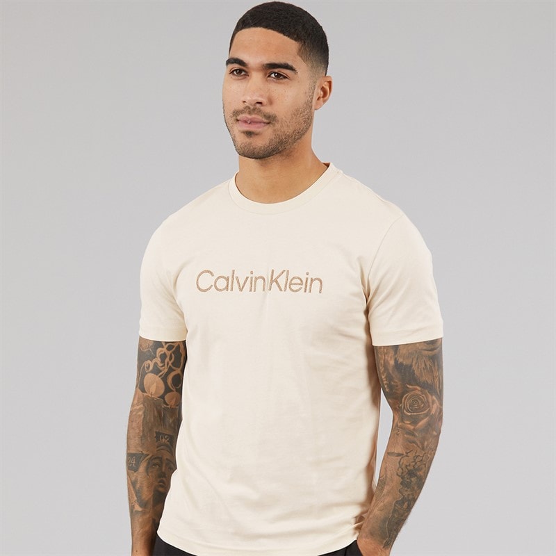 Calvin Klein Mens Textured Embroidery T-Shirt Oatmeal - Image 1