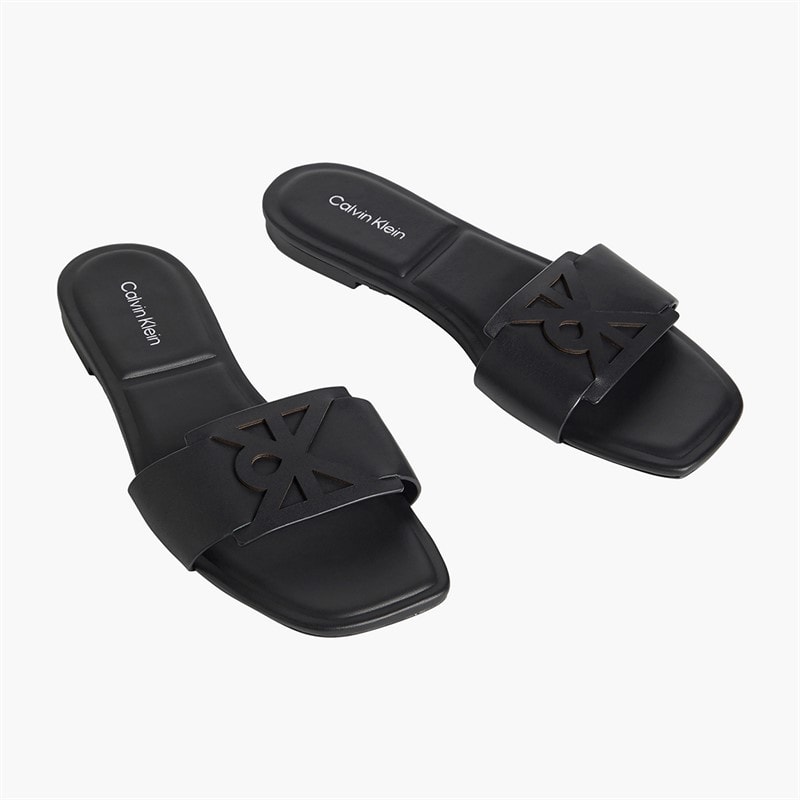 Calvin Klein Womens Provence Leather Square Toe Flat Sandals Triple Black - Image 2