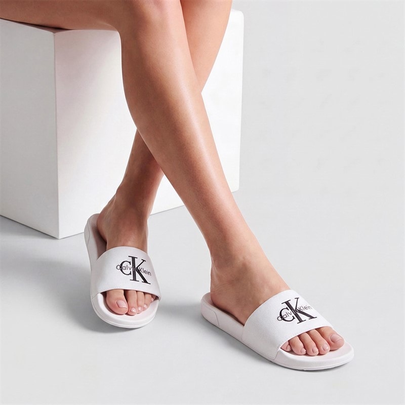 Calvin Klein Womens Canvas Contoured Logo Sliders Bright White/Black