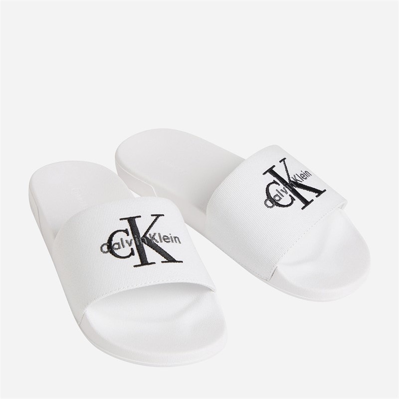 Calvin Klein Womens Canvas Contoured Logo Sliders Bright White/Black - Image 2