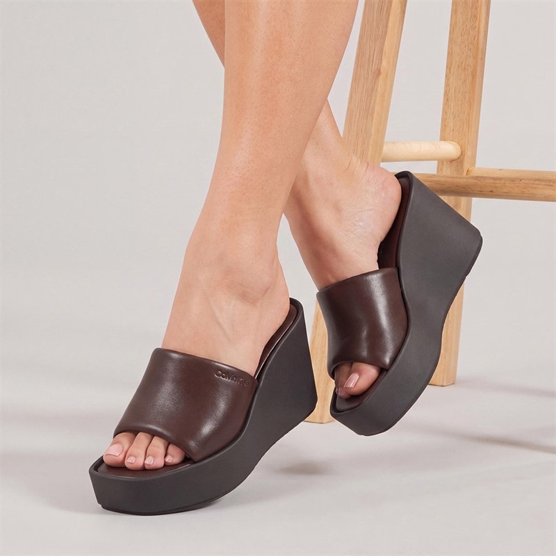 Calvin Klein Womens Melia Leather Platform Wedge Sandals Rocky Brown/Black