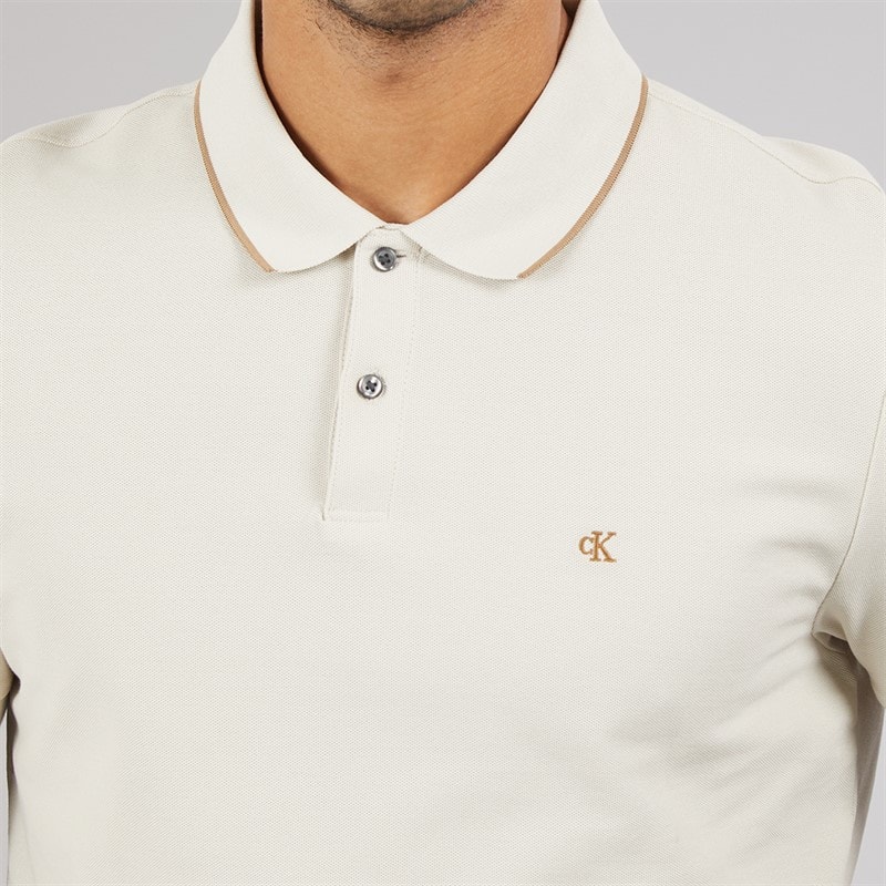 Calvin Klein Mens Short Sleeve Refined Pique Tip Polo Shirt Oatmeal - Image 3