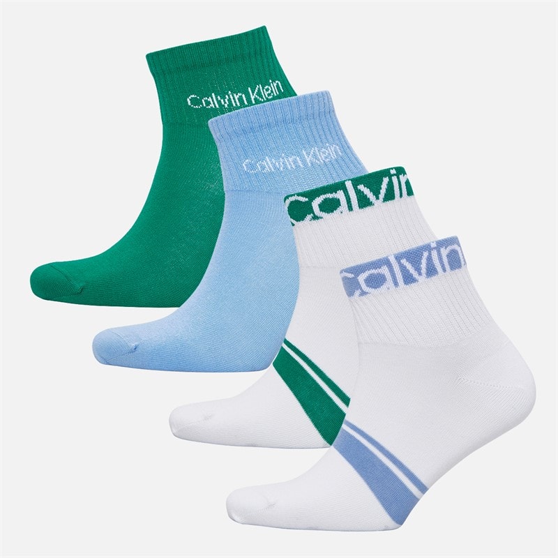 Calvin Klein Mens Logo Stripe Four Pack Quarter Socks Blue/Green