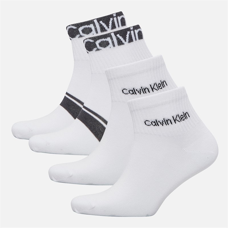 Calvin Klein Mens Logo Stripe Four Pack Quarter Socks White